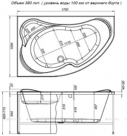 Ванна акриловая AQUANET CAPRI 170х110 L каркас сварной 205345